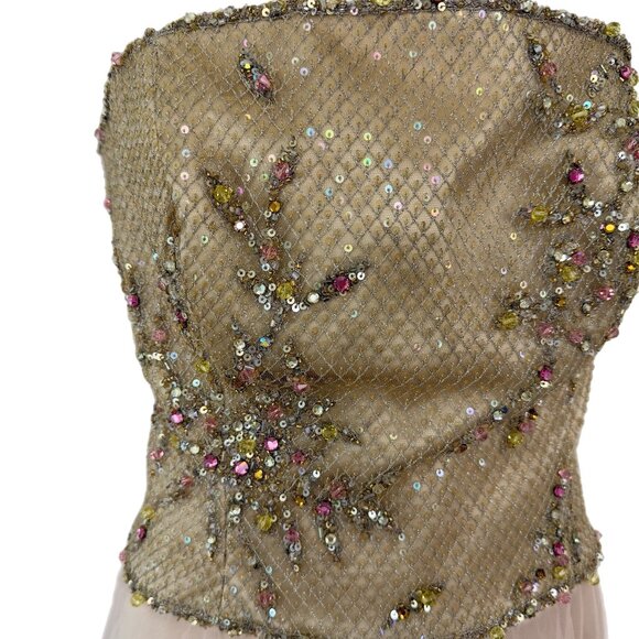 ESCADA Y2K Vintage Embellished Pink + Gold Tulle Ball Gown Evening Maxi Dress - Picture 2 of 9